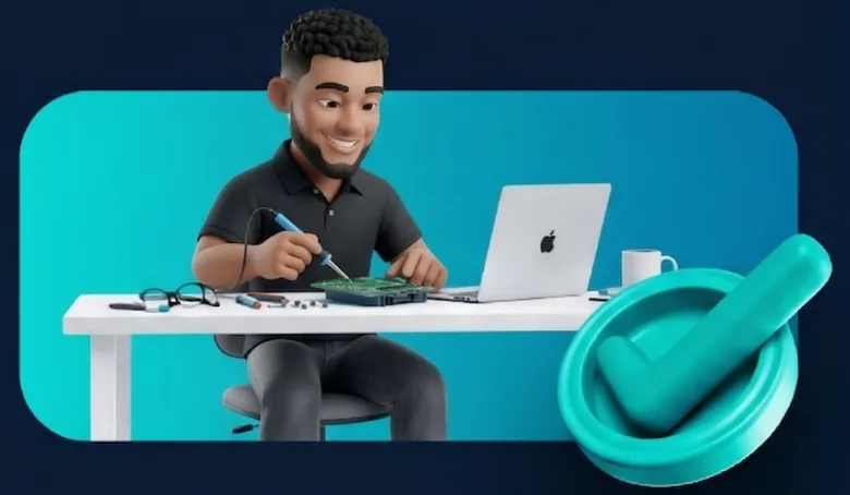 Avatar 3D do técnico Rangel Oliveira trabalhando na bancada