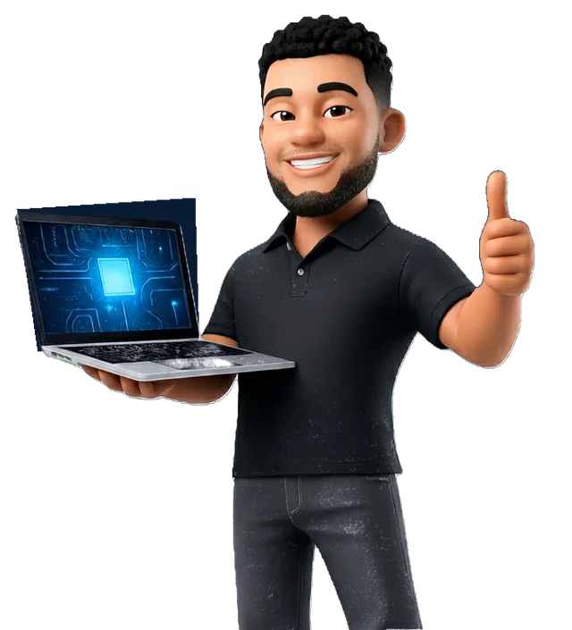 Avatar 3D do técnico Rangel Oliveira segurando um notebook