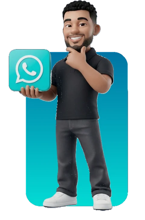 Avatar 3D do técnico Rangel Oliveira segurando o ícone do WhatsApp