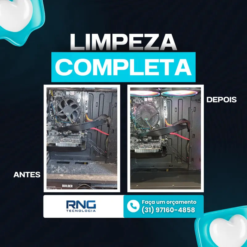 Antes e depois da limpeza interna de um computador de mesa feita pela RNG Tecnologia (trabalho 3)