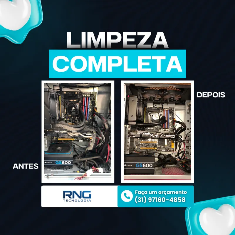 Antes e depois da limpeza interna de um computador de mesa feita pela RNG Tecnologia (trabalho 4)